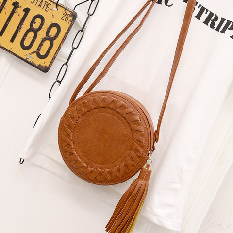 New Fashion Women Bag Tassel Round Weave Cross Body Shoulder Bag Ladies Pu Leather Handbag Cute Roll Girl Beach Bag Bolsos Mujer