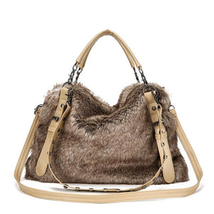 Rdywbu Fashion Rivet Faux Fur Shoulder Bag Women Winter Soft Big Capacity Crossbody Bag Punk Style Plush Tote Handbag